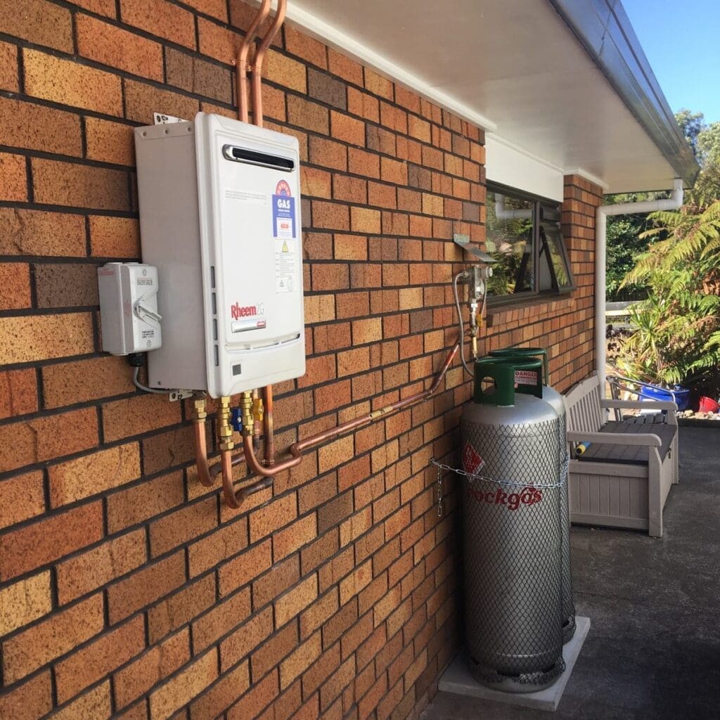 rheem integrity gas hot water heater connected to LPG bottles
